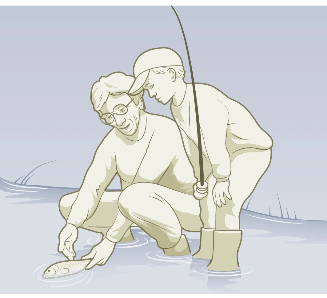 An illustration of a person and a child fishing. The person is holding a fish in the water, and the child is leaning in to watch attentively.